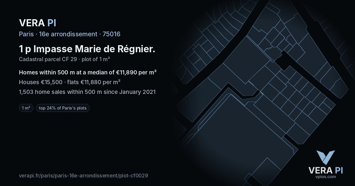 1 p Impasse Marie de Régnier, 16e arrondissement at night – the plot lit, the parcels around coloured by the prices near them