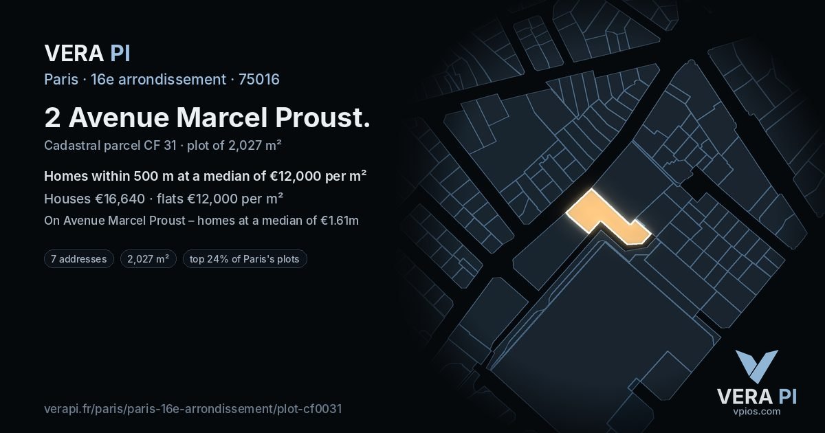 2 Avenue Marcel Proust, 16e arrondissement at night – the plot lit, the parcels around coloured by the prices near them
