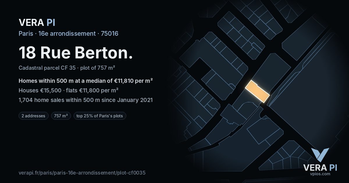 18 Rue Berton, 16e arrondissement at night – the plot lit, the parcels around coloured by the prices near them