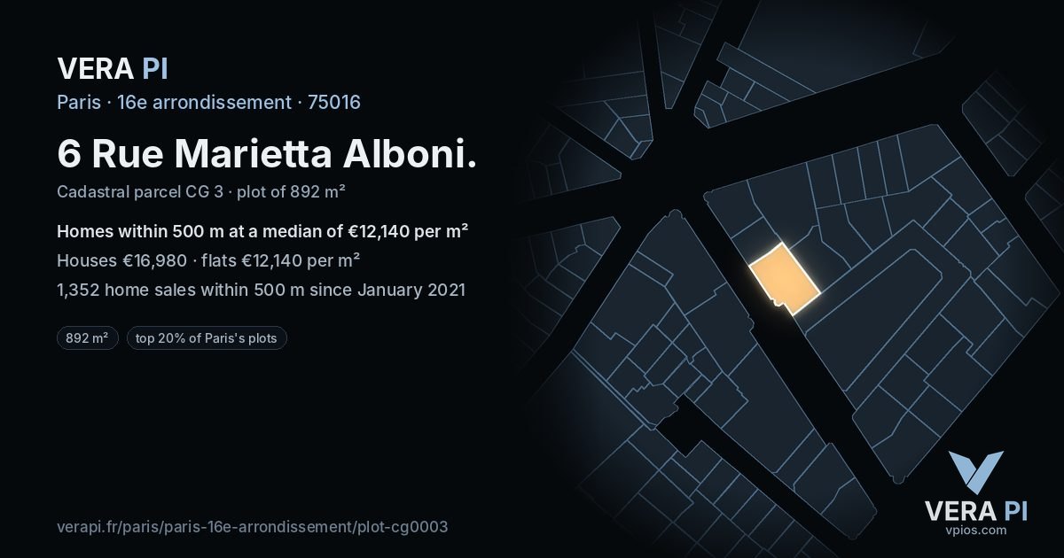 6 Rue Marietta Alboni, 16e arrondissement at night – the plot lit, the parcels around coloured by the prices near them