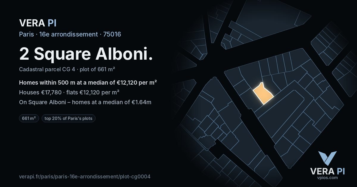 2 Square Alboni, 16e arrondissement at night – the plot lit, the parcels around coloured by the prices near them