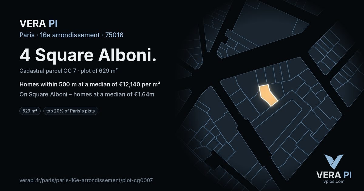 4 Square Alboni, 16e arrondissement at night – the plot lit, the parcels around coloured by the prices near them