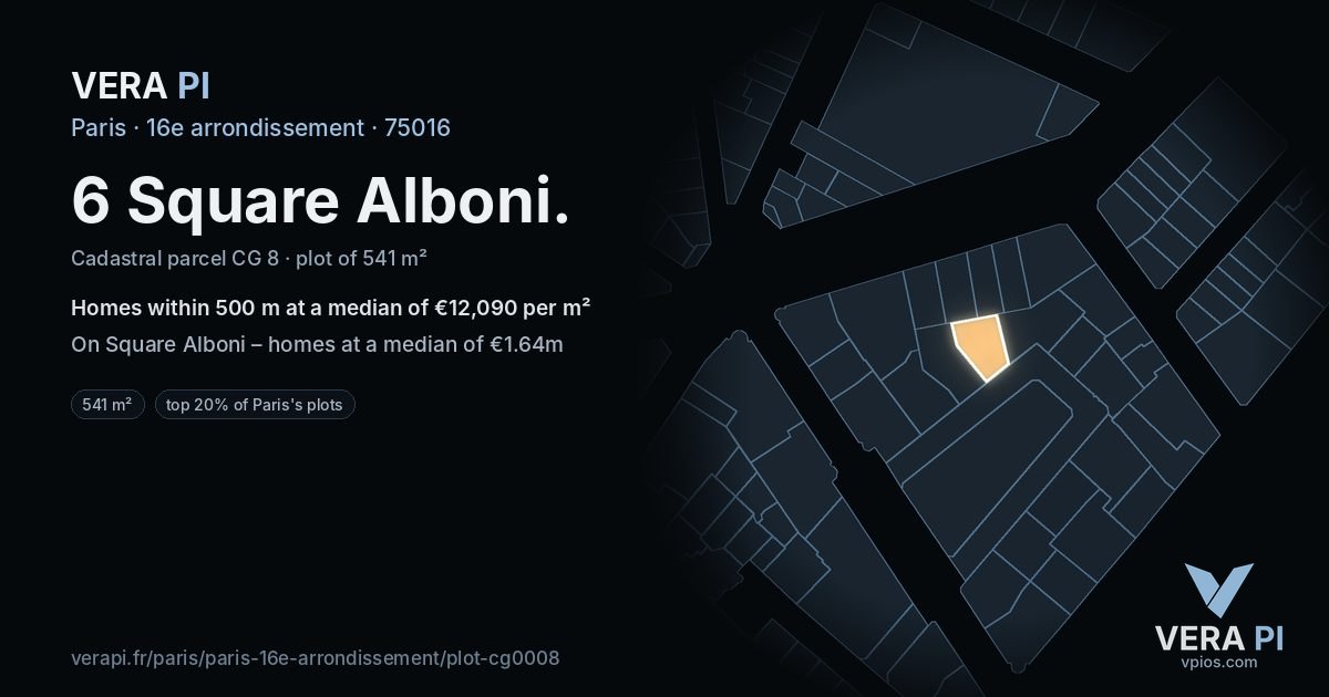 6 Square Alboni, 16e arrondissement at night – the plot lit, the parcels around coloured by the prices near them