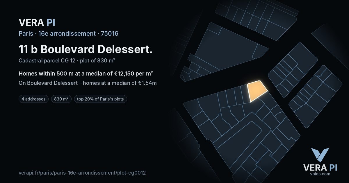 11 b Boulevard Delessert, 16e arrondissement at night – the plot lit, the parcels around coloured by the prices near them