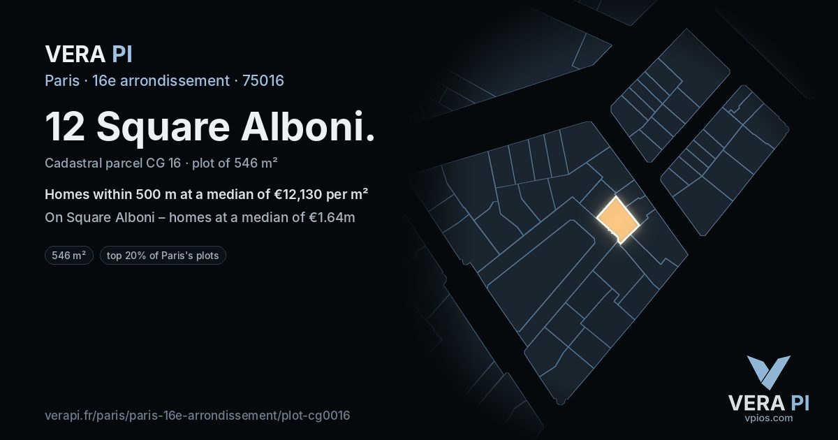 12 Square Alboni, 16e arrondissement at night – the plot lit, the parcels around coloured by the prices near them
