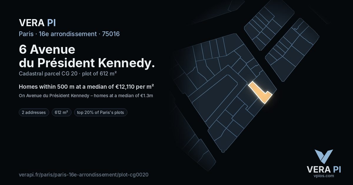 6 Avenue du Président Kennedy, 16e arrondissement at night – the plot lit, the parcels around coloured by the prices near them