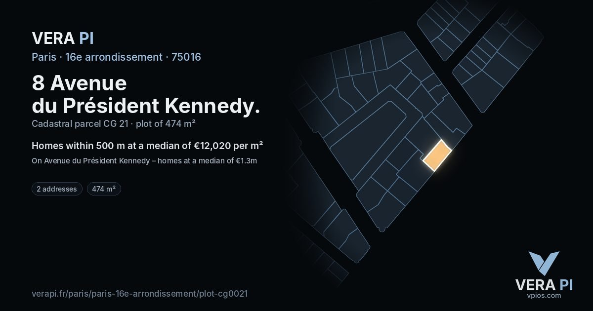 8 Avenue du Président Kennedy, 16e arrondissement at night – the plot lit, the parcels around coloured by the prices near them