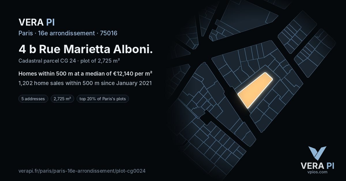 4 b Rue Marietta Alboni, 16e arrondissement at night – the plot lit, the parcels around coloured by the prices near them