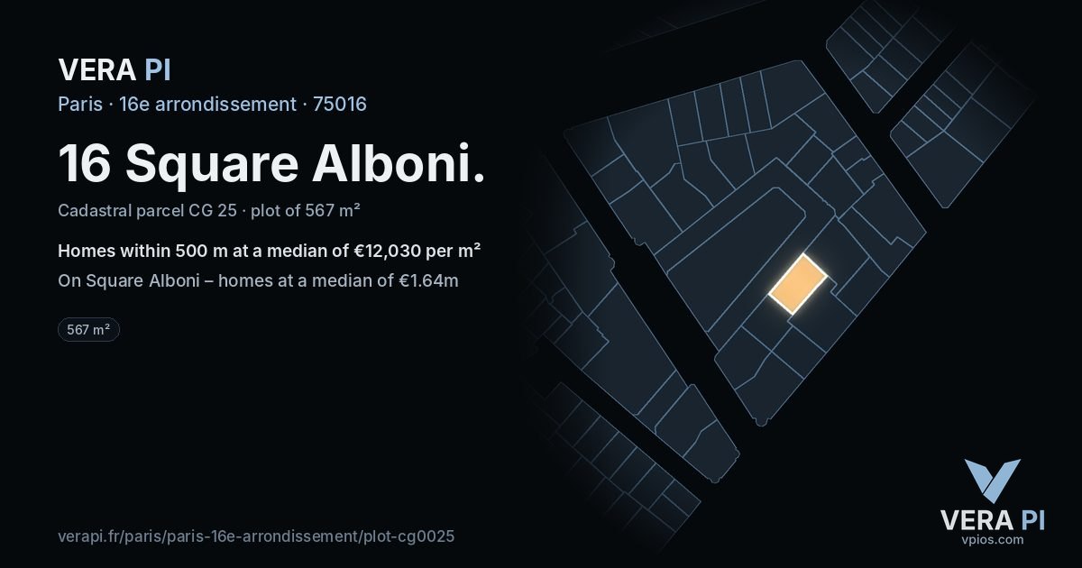 16 Square Alboni, 16e arrondissement at night – the plot lit, the parcels around coloured by the prices near them