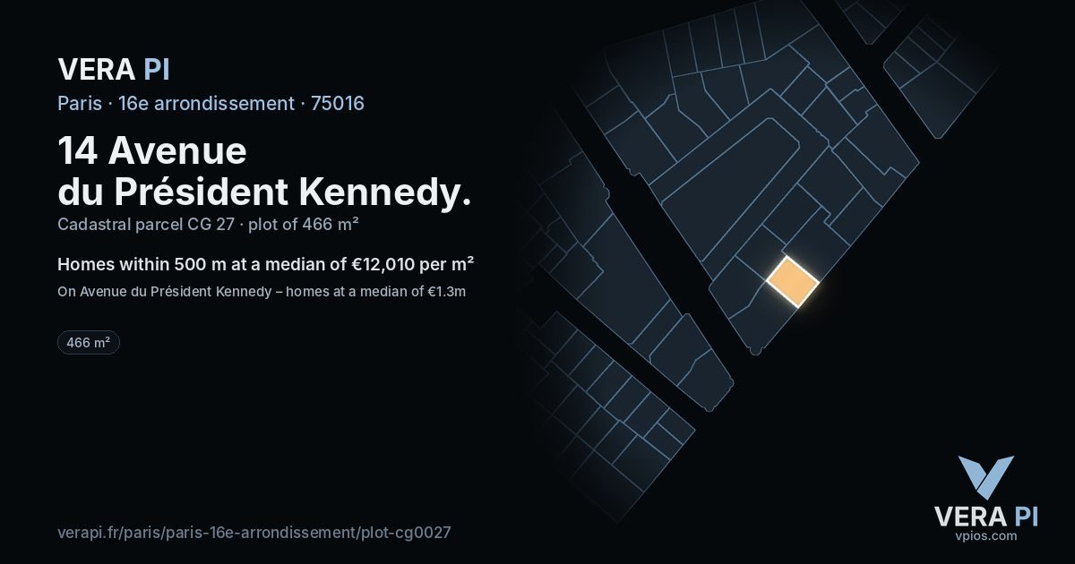 14 Avenue du Président Kennedy, 16e arrondissement at night – the plot lit, the parcels around coloured by the prices near them