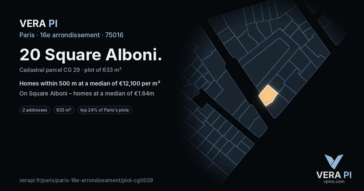 20 Square Alboni, 16e arrondissement at night – the plot lit, the parcels around coloured by the prices near them