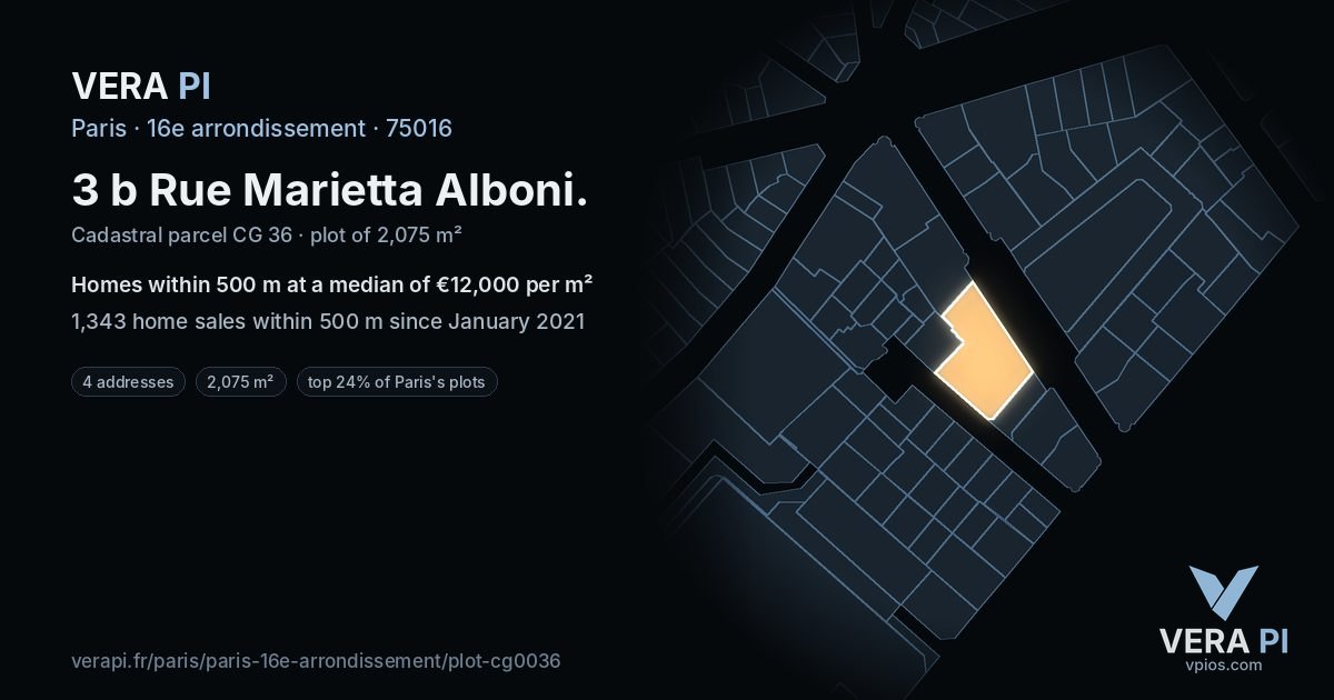 3 b Rue Marietta Alboni, 16e arrondissement at night – the plot lit, the parcels around coloured by the prices near them