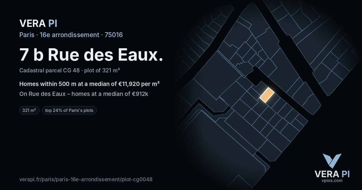 7 b Rue des Eaux, 16e arrondissement at night – the plot lit, the parcels around coloured by the prices near them