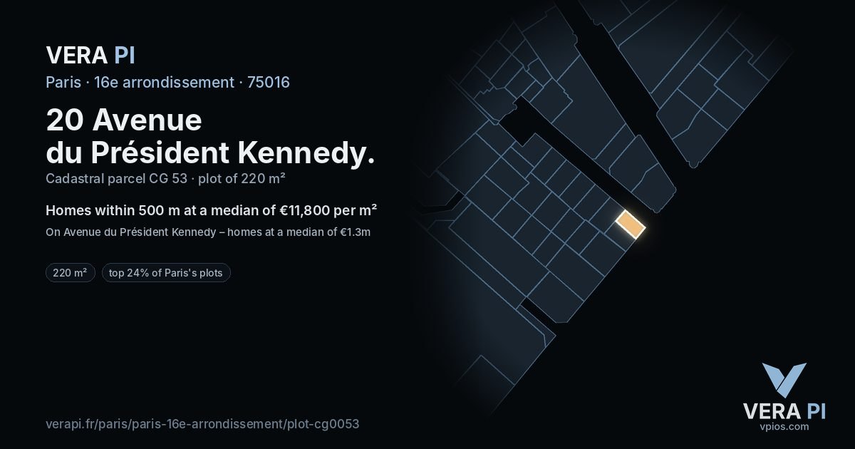 20 Avenue du Président Kennedy, 16e arrondissement at night – the plot lit, the parcels around coloured by the prices near them