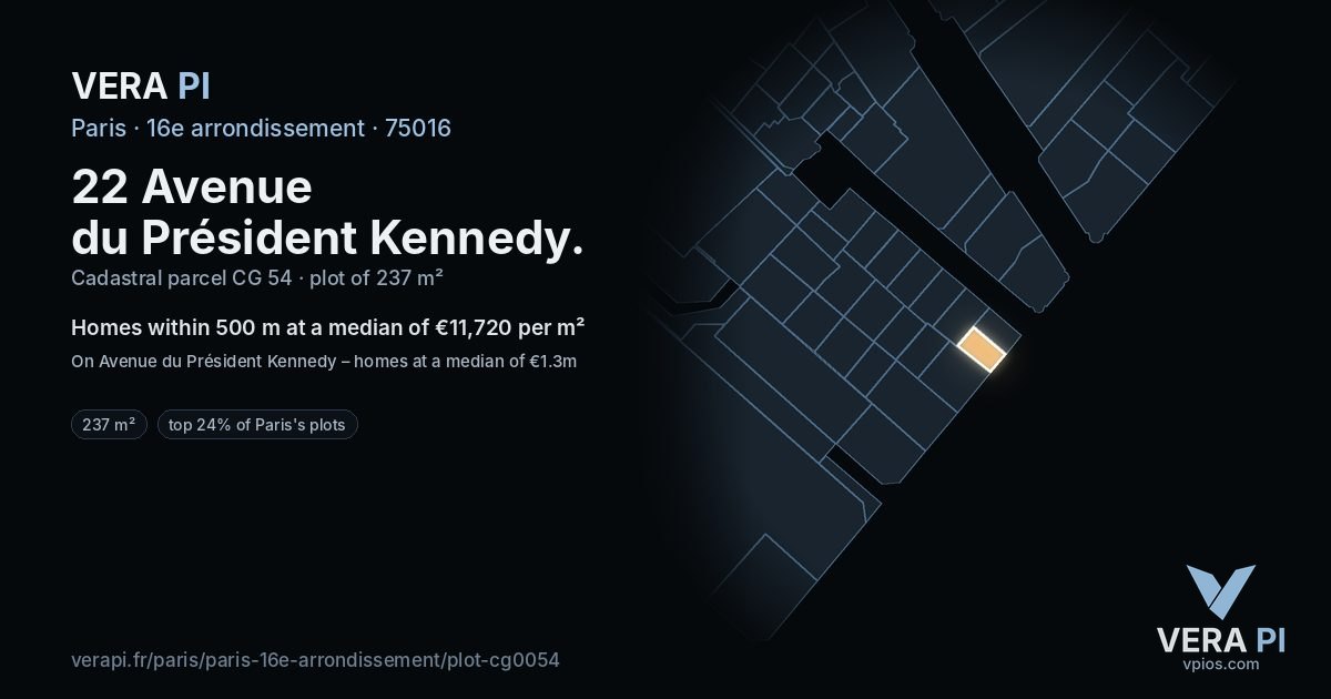 22 Avenue du Président Kennedy, 16e arrondissement at night – the plot lit, the parcels around coloured by the prices near them