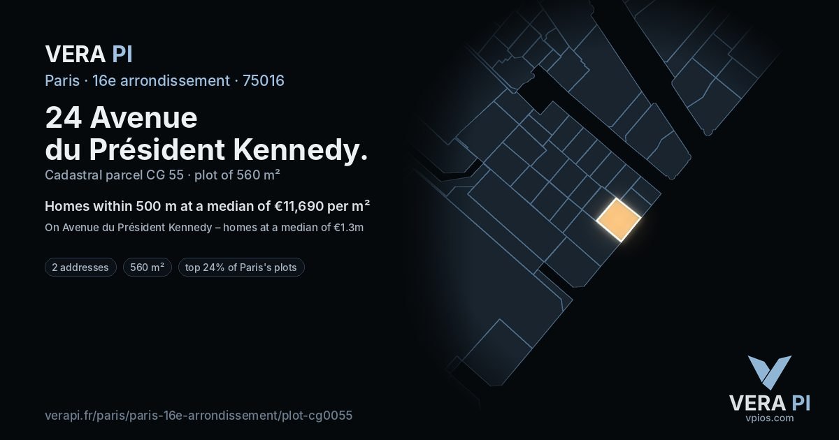 24 Avenue du Président Kennedy, 16e arrondissement at night – the plot lit, the parcels around coloured by the prices near them