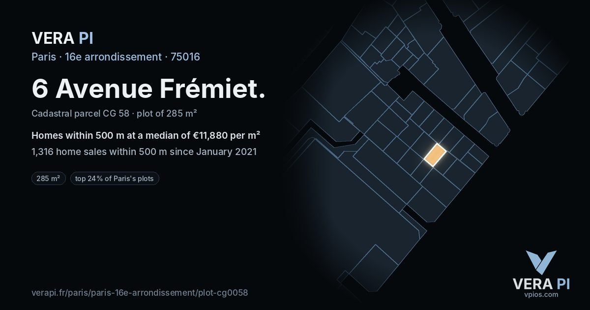 6 Avenue Frémiet, 16e arrondissement at night – the plot lit, the parcels around coloured by the prices near them