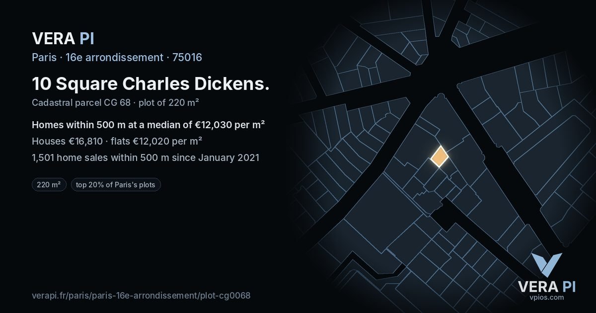 10 Square Charles Dickens, 16e arrondissement at night – the plot lit, the parcels around coloured by the prices near them