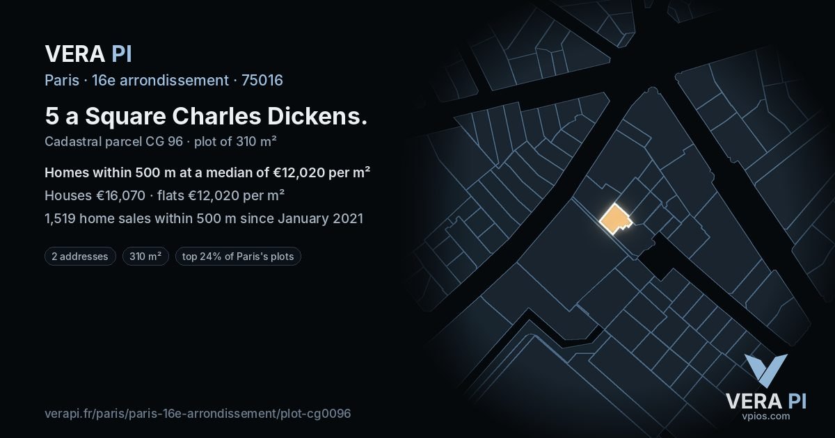 5 a Square Charles Dickens, 16e arrondissement at night – the plot lit, the parcels around coloured by the prices near them