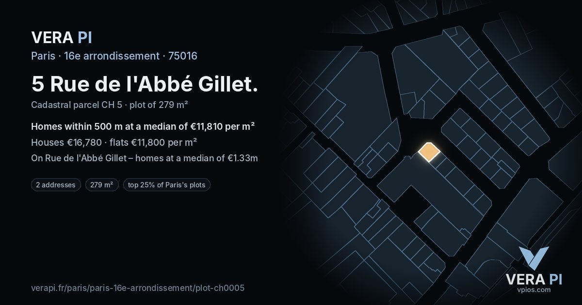 5 Rue de l'Abbé Gillet, 16e arrondissement at night – the plot lit, the parcels around coloured by the prices near them