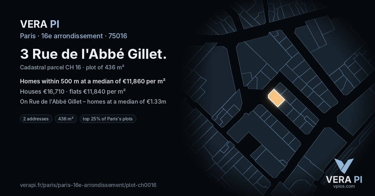 3 Rue de l'Abbé Gillet, 16e arrondissement at night – the plot lit, the parcels around coloured by the prices near them