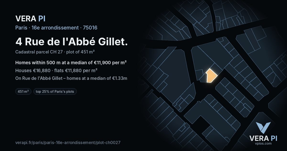 4 Rue de l'Abbé Gillet, 16e arrondissement at night – the plot lit, the parcels around coloured by the prices near them