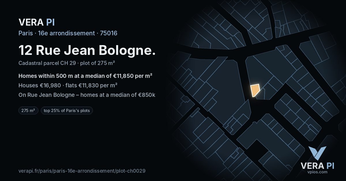 12 Rue Jean Bologne, 16e arrondissement at night – the plot lit, the parcels around coloured by the prices near them