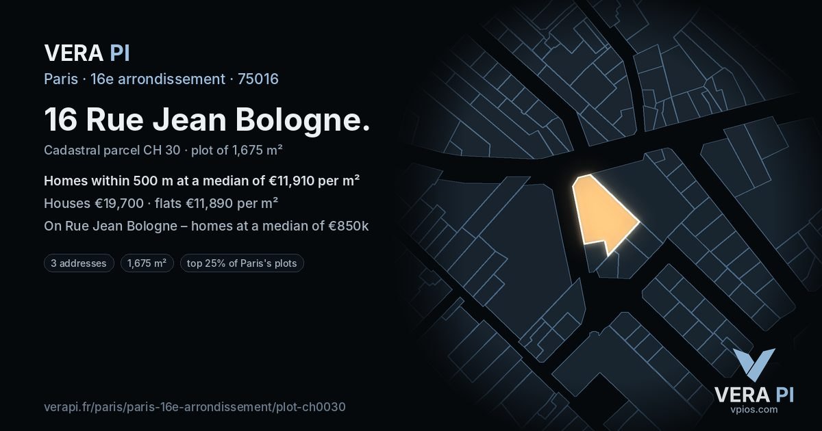 16 Rue Jean Bologne, 16e arrondissement at night – the plot lit, the parcels around coloured by the prices near them