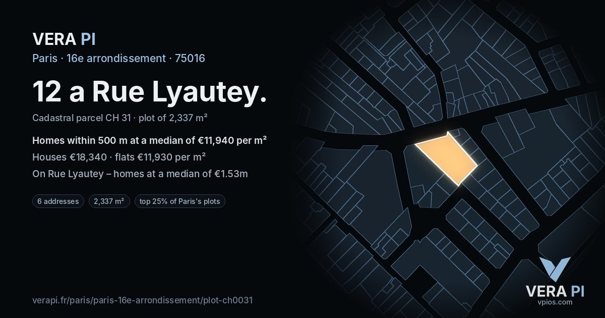 12 a Rue Lyautey, 16e arrondissement at night – the plot lit, the parcels around coloured by the prices near them