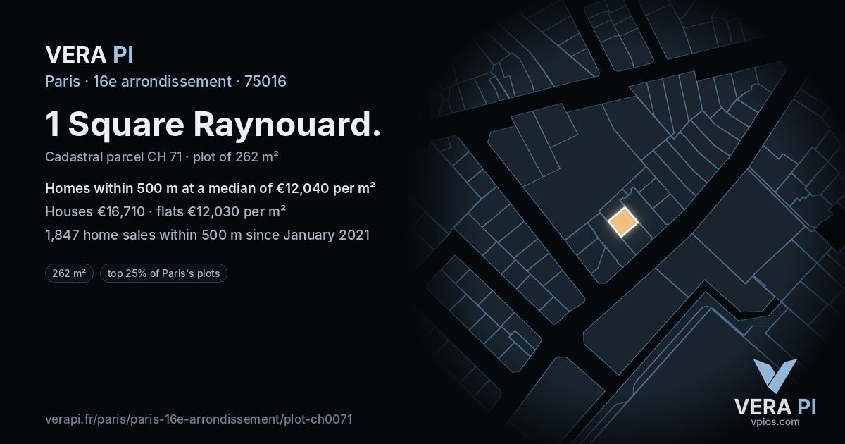1 Square Raynouard, 16e arrondissement at night – the plot lit, the parcels around coloured by the prices near them