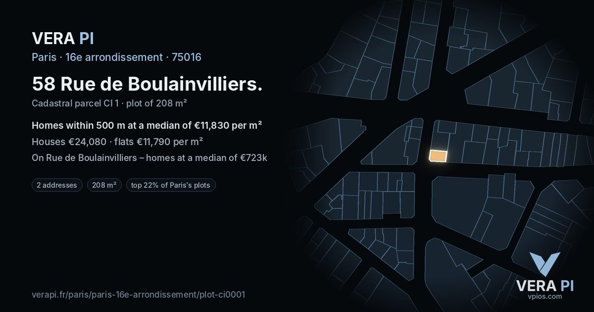 58 Rue de Boulainvilliers, 16e arrondissement at night – the plot lit, the parcels around coloured by the prices near them