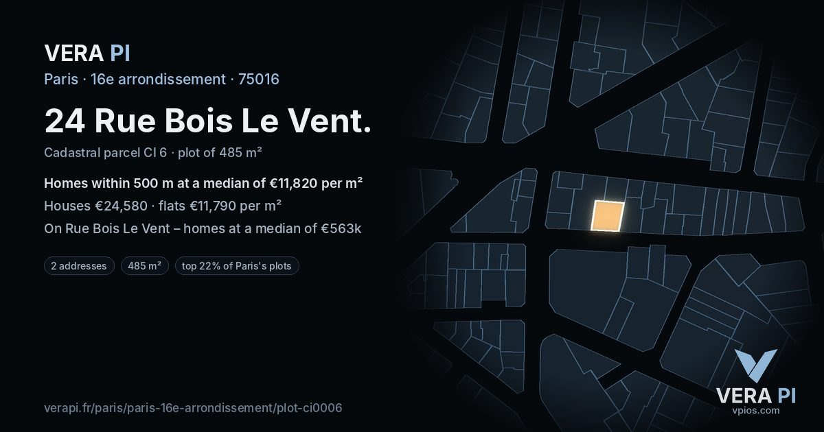 24 Rue Bois Le Vent, 16e arrondissement at night – the plot lit, the parcels around coloured by the prices near them