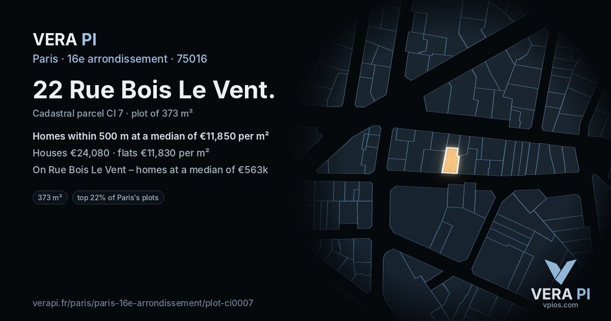 22 Rue Bois Le Vent, 16e arrondissement at night – the plot lit, the parcels around coloured by the prices near them