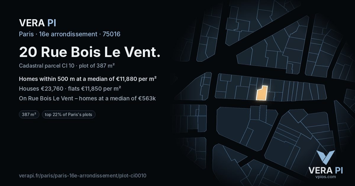 20 Rue Bois Le Vent, 16e arrondissement at night – the plot lit, the parcels around coloured by the prices near them