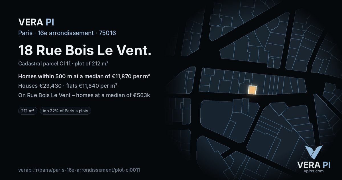 18 Rue Bois Le Vent, 16e arrondissement at night – the plot lit, the parcels around coloured by the prices near them