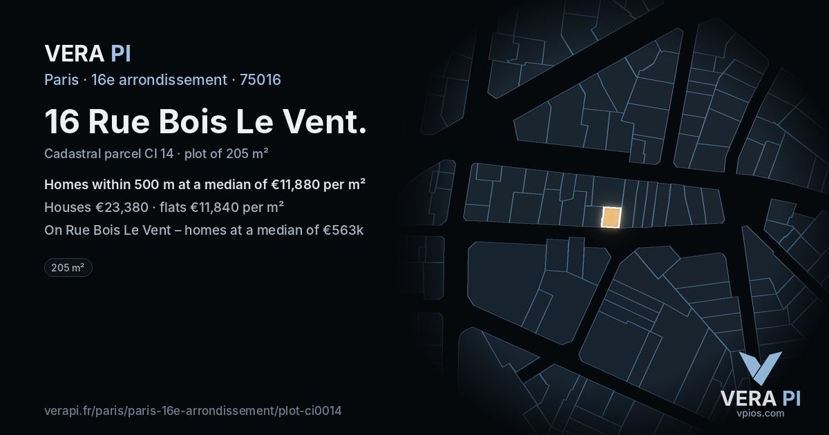 16 Rue Bois Le Vent, 16e arrondissement at night – the plot lit, the parcels around coloured by the prices near them
