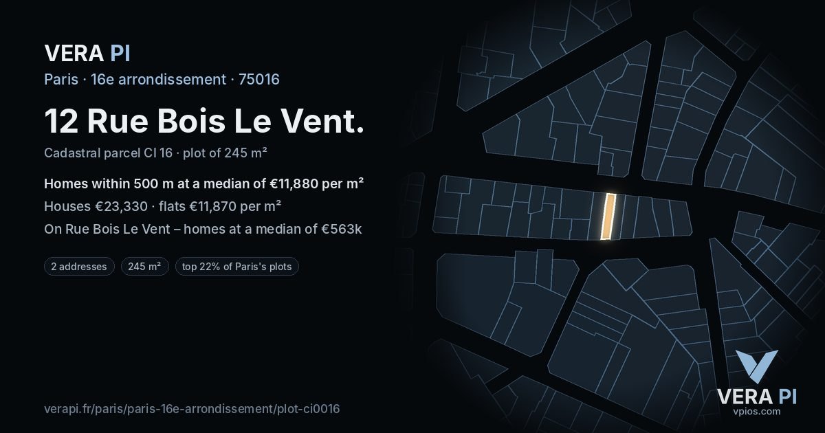 12 Rue Bois Le Vent, 16e arrondissement at night – the plot lit, the parcels around coloured by the prices near them