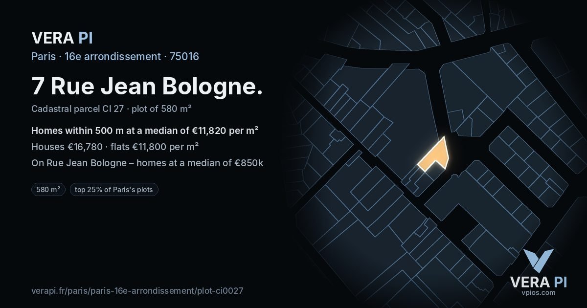 7 Rue Jean Bologne, 16e arrondissement at night – the plot lit, the parcels around coloured by the prices near them