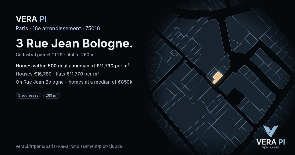 3 Rue Jean Bologne, 16e arrondissement at night – the plot lit, the parcels around coloured by the prices near them
