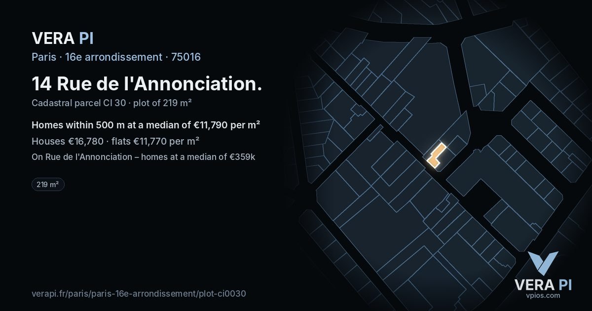 14 Rue de l'Annonciation, 16e arrondissement at night – the plot lit, the parcels around coloured by the prices near them