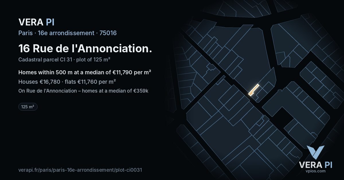16 Rue de l'Annonciation, 16e arrondissement at night – the plot lit, the parcels around coloured by the prices near them