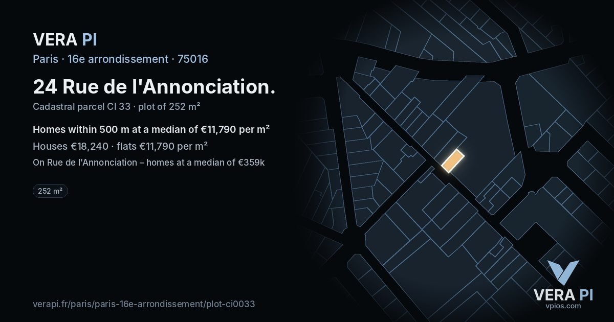 24 Rue de l'Annonciation, 16e arrondissement at night – the plot lit, the parcels around coloured by the prices near them