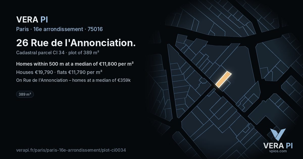 26 Rue de l'Annonciation, 16e arrondissement at night – the plot lit, the parcels around coloured by the prices near them