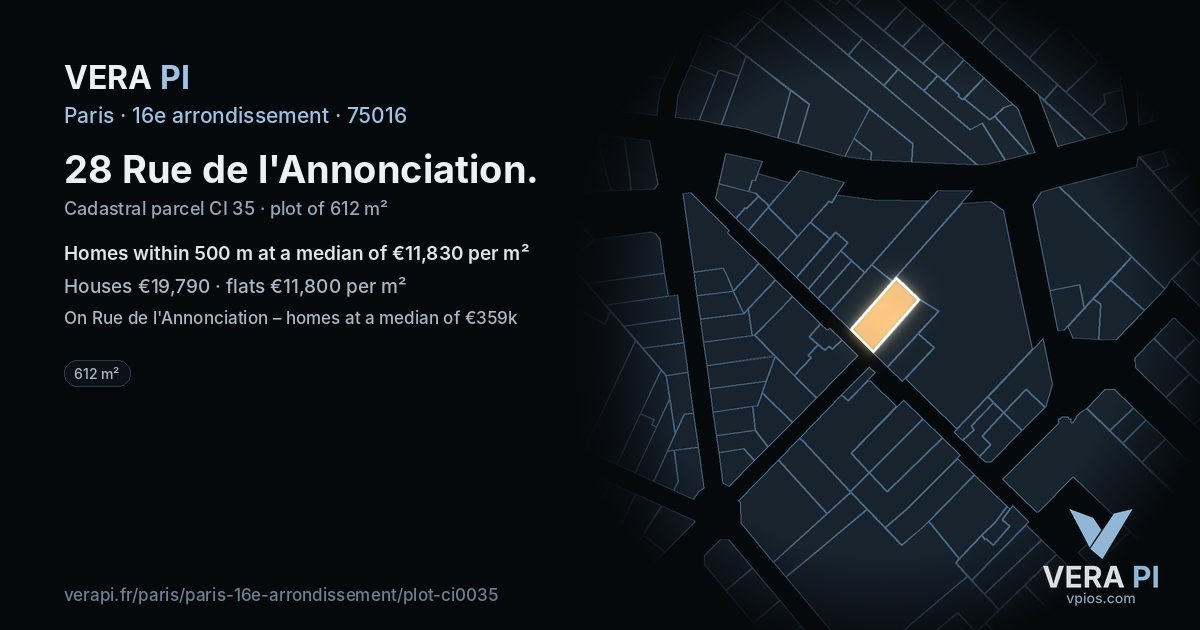28 Rue de l'Annonciation, 16e arrondissement at night – the plot lit, the parcels around coloured by the prices near them