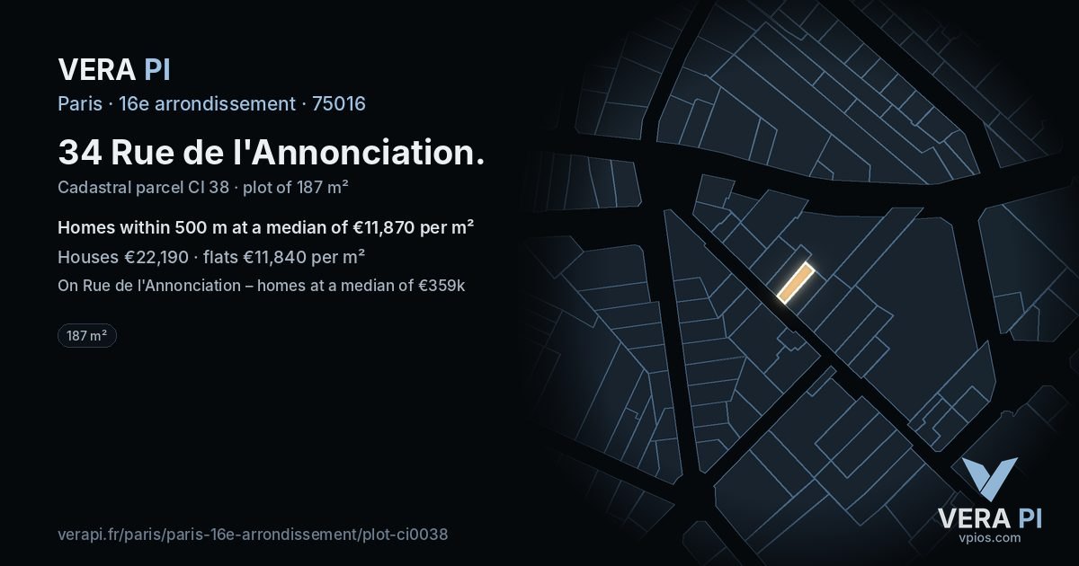 34 Rue de l'Annonciation, 16e arrondissement at night – the plot lit, the parcels around coloured by the prices near them