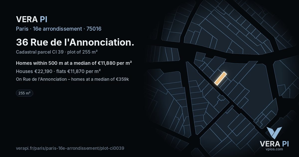 36 Rue de l'Annonciation, 16e arrondissement at night – the plot lit, the parcels around coloured by the prices near them