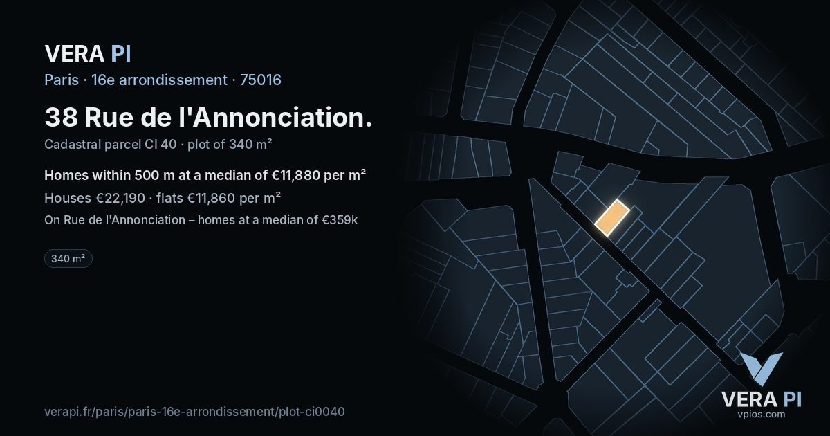 38 Rue de l'Annonciation, 16e arrondissement at night – the plot lit, the parcels around coloured by the prices near them