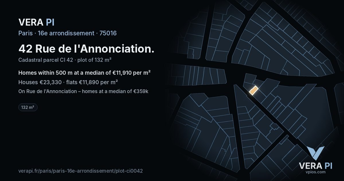 42 Rue de l'Annonciation, 16e arrondissement at night – the plot lit, the parcels around coloured by the prices near them