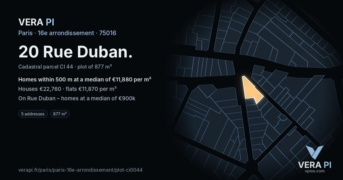 20 Rue Duban, 16e arrondissement at night – the plot lit, the parcels around coloured by the prices near them