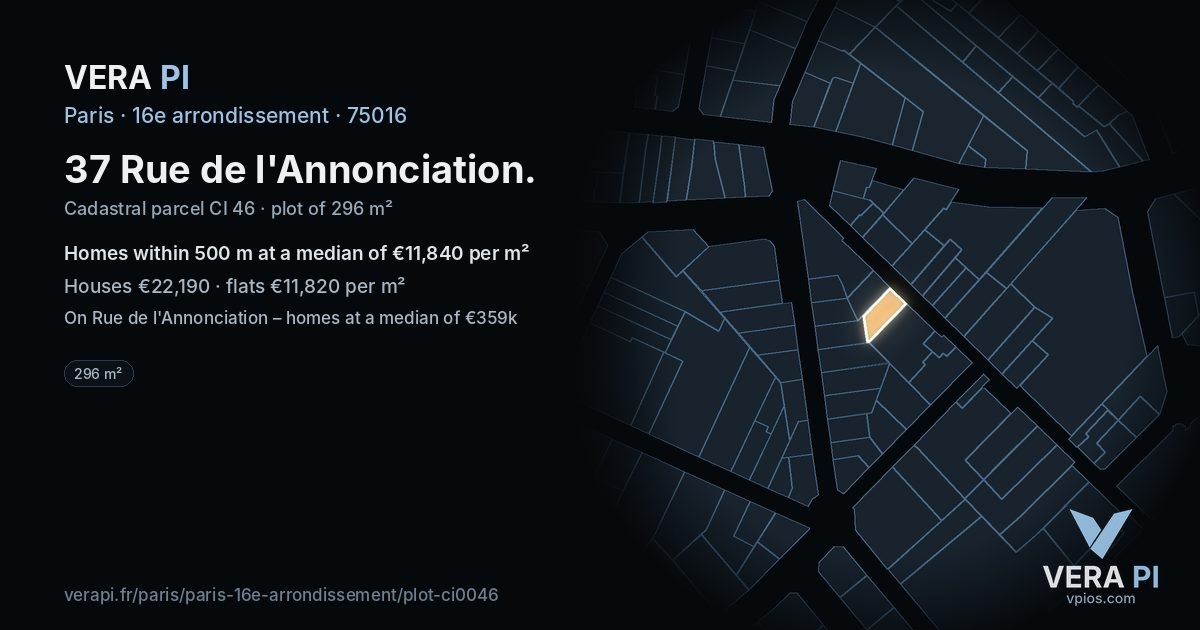37 Rue de l'Annonciation, 16e arrondissement at night – the plot lit, the parcels around coloured by the prices near them